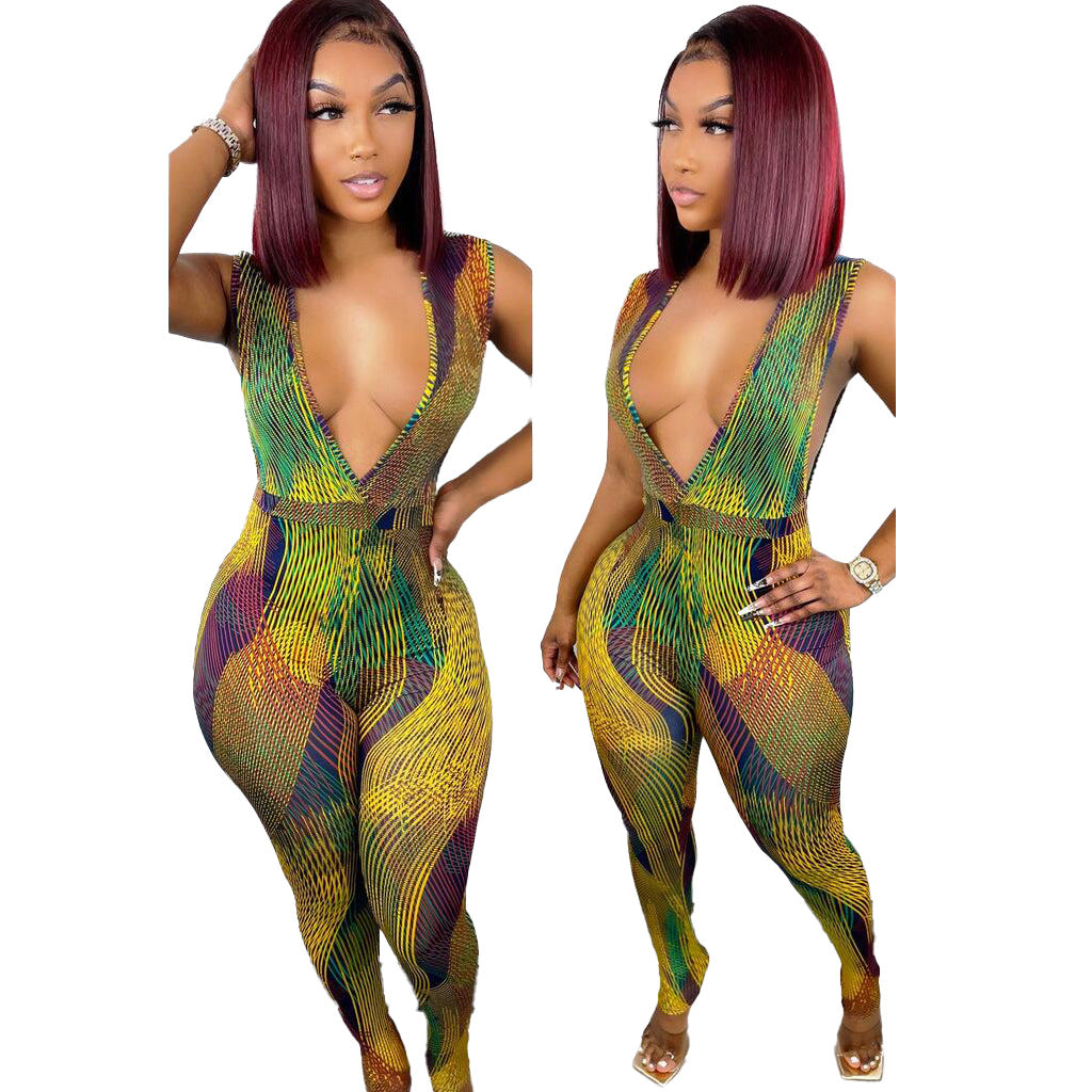 European And American Sexy Deep V Stripe Digital Printing One-piece Nightclub Uniforms