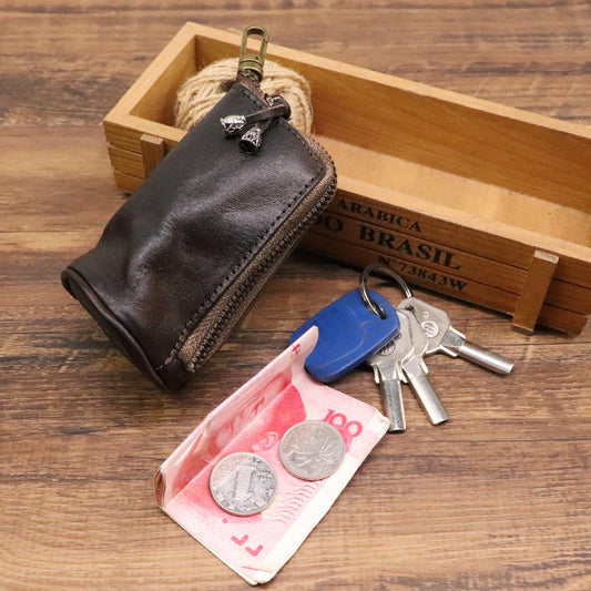 Men's Large-Capacity Waist-Hanging Distressed Cowhide Key Case
