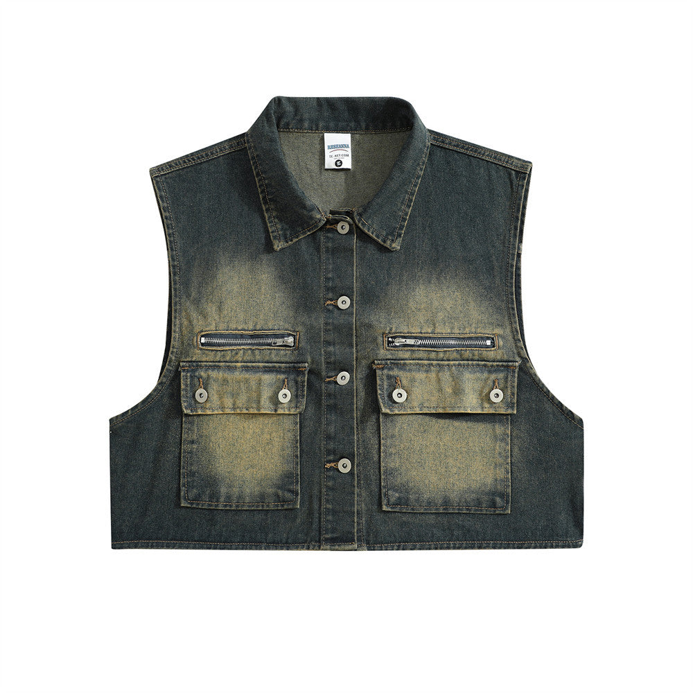 Punk Distressed Inkjet Denim Frock Vest Men's