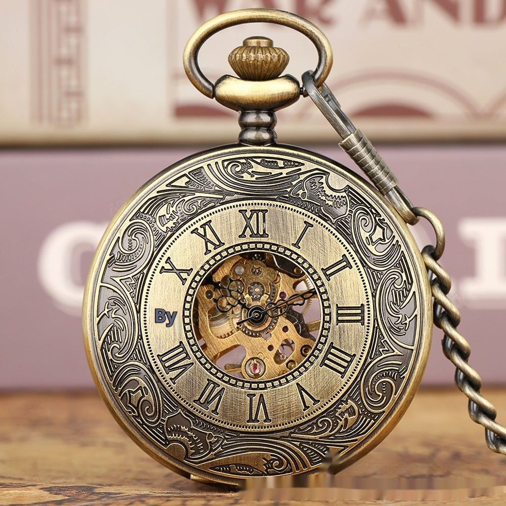 Retro Flip-Open Patterned Dual-Display Pocket Watch