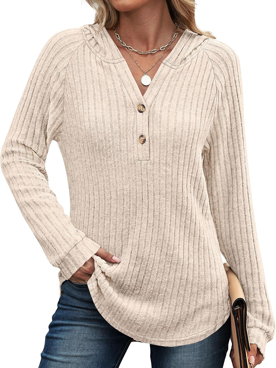 Solid Color And V-neck Button Loose Hooded Fleece Knitted Top