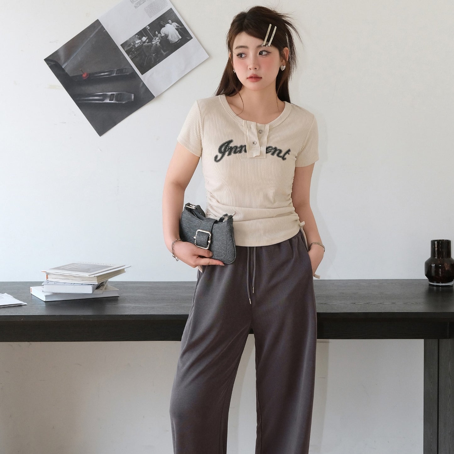 Women's Short-sleeved T-shirt With Loose Shoulder Width Slimming Drawstring Printed