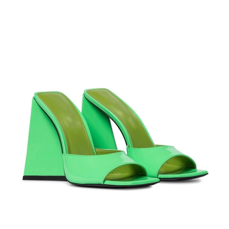 Square Toe Open-toe Tie-dye Bright Color Ultra-high Thick Heel Outer Wear Slippers Europe And America