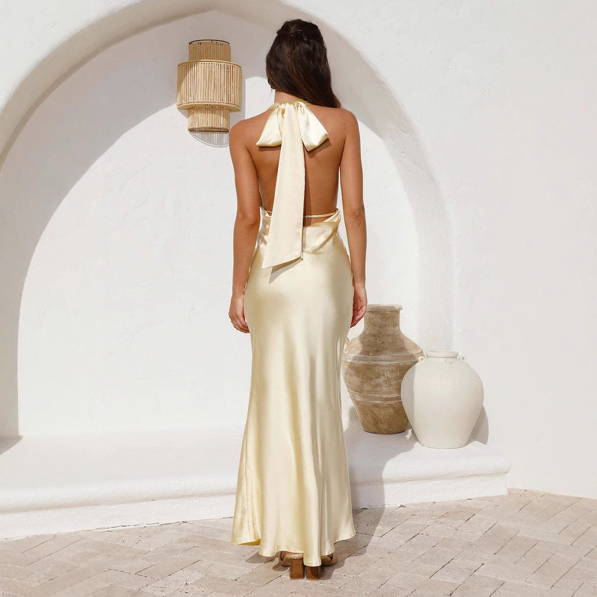 Sexy Fitted Halter Neck Backless Solid Color Sleeveless Dress For Women