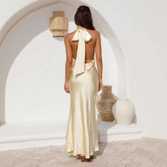 Sexy Fitted Halter Neck Backless Solid Color Sleeveless Dress For Women