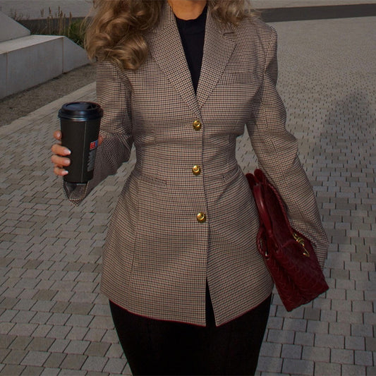 New Women's Slim-fit Suit Plaid Jacket