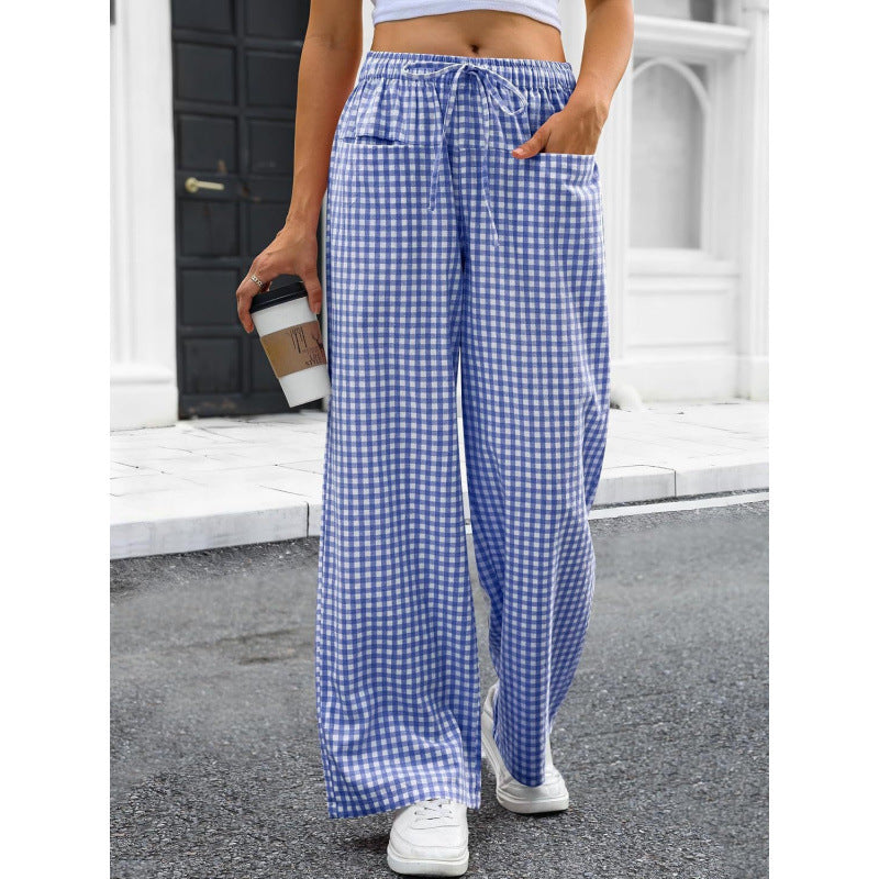 High-waisted Wide-leg Plaid Drawstring Loungeleisure Pants