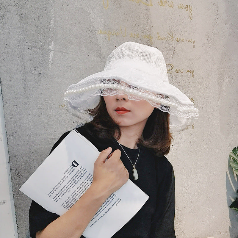 French Elegant Pearl Edge Big Brim Lace Hat