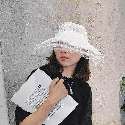 French Elegant Pearl Edge Big Brim Lace Hat