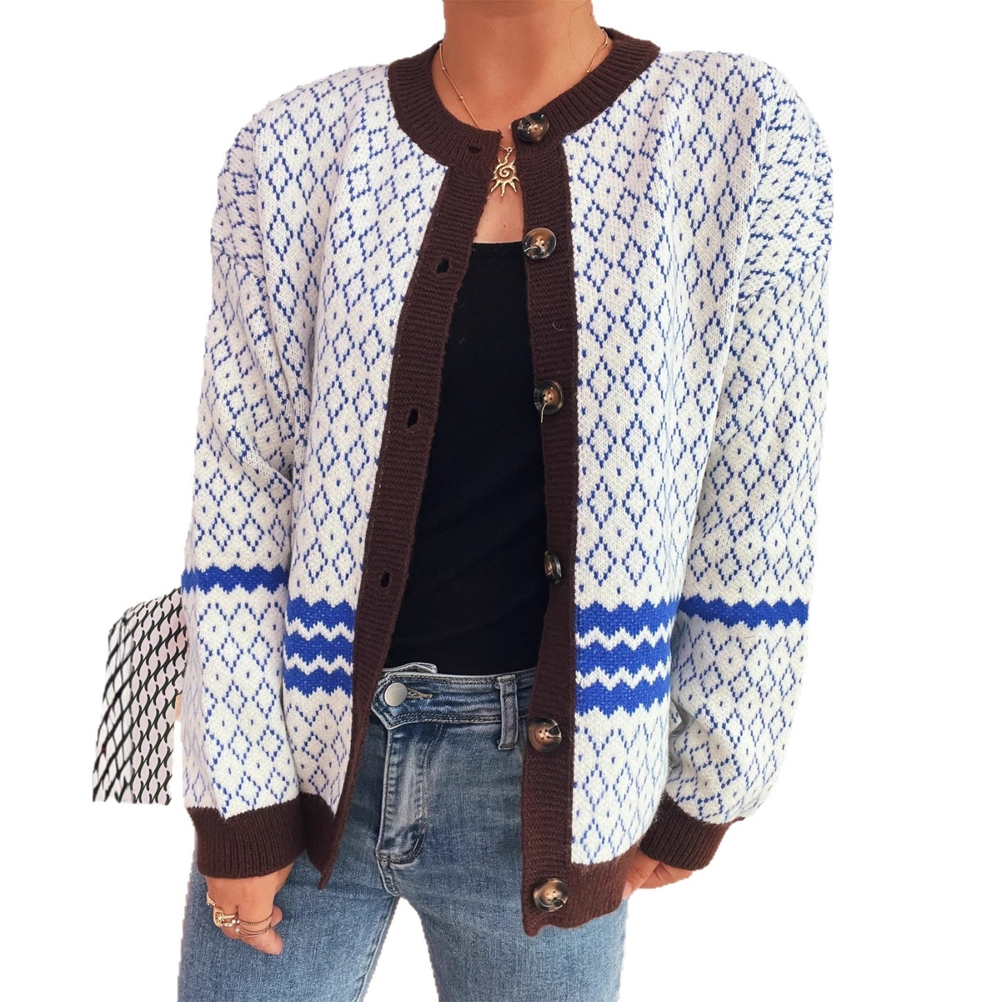 Retro Rhombus Contrast Color Round Neck Long-sleeved Knitted Sweater