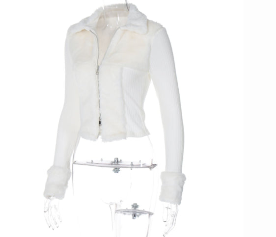 Double-sided Zipper Cardigan With Lapel And Furry Patch Long Sleeve Top