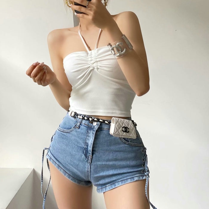 Summer New Design Sense Blue Wrap Chest Top