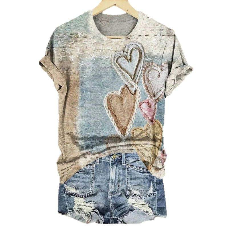 LOVE Personality Patch Pattern Round Neck Short Sleeve