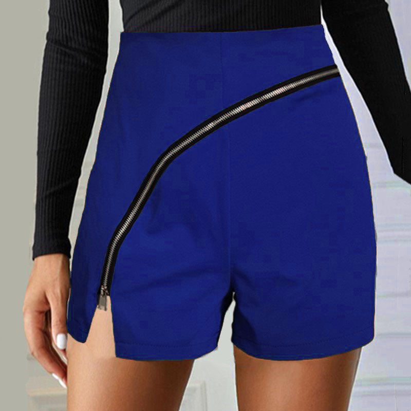 New Casual Women's Pure Color Personality Diagonal Zipper Split Casual Shorts