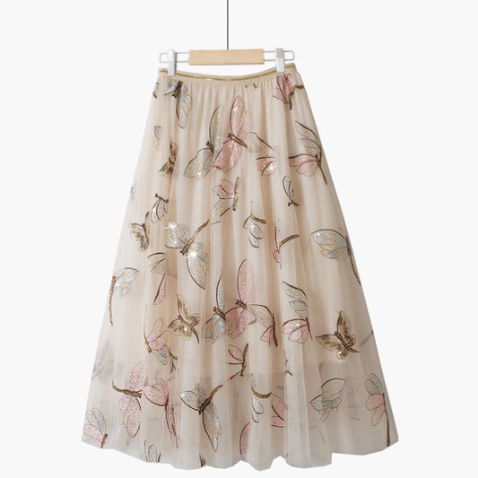 Golden Silk High Waist Sweet Slim Retro Lace Dragonfly Sequin Embroidery Mid Length Skirt