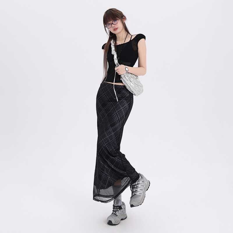 Plaid Stretch Tulle Straight Dress