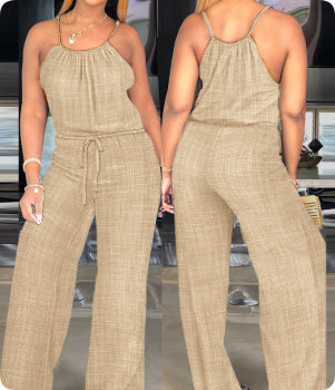 Solid Color Cotton And Linen Drawstring Casual Jumpsuit