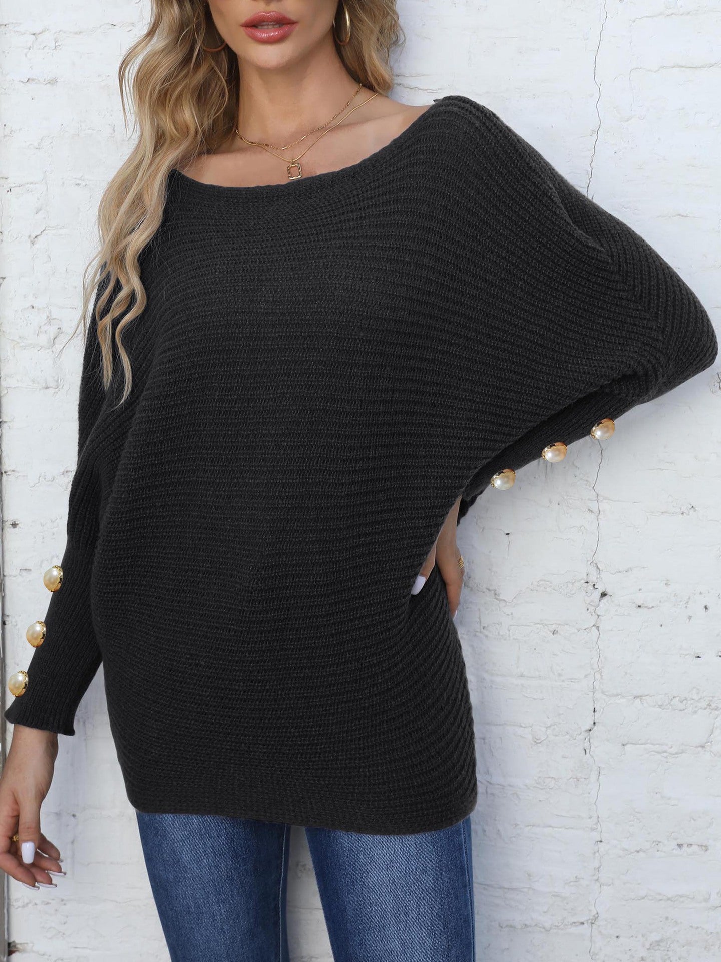 Women's Pearl Button Batwing Sleeve Off-neck Loose Sweater