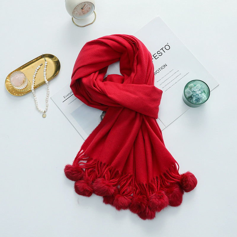 Versatile New-Style Womens Cape With Pompoms Cashmere And Wool Scarf