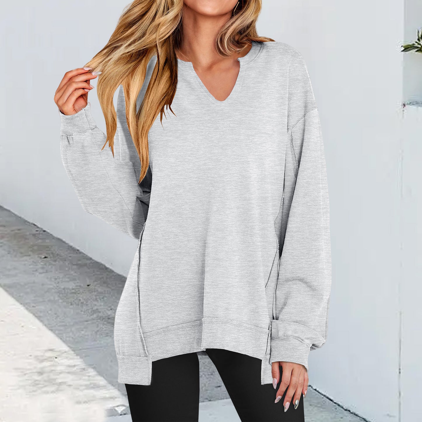 Dame Stribet V-hals Løs Sweatshirt Strik
