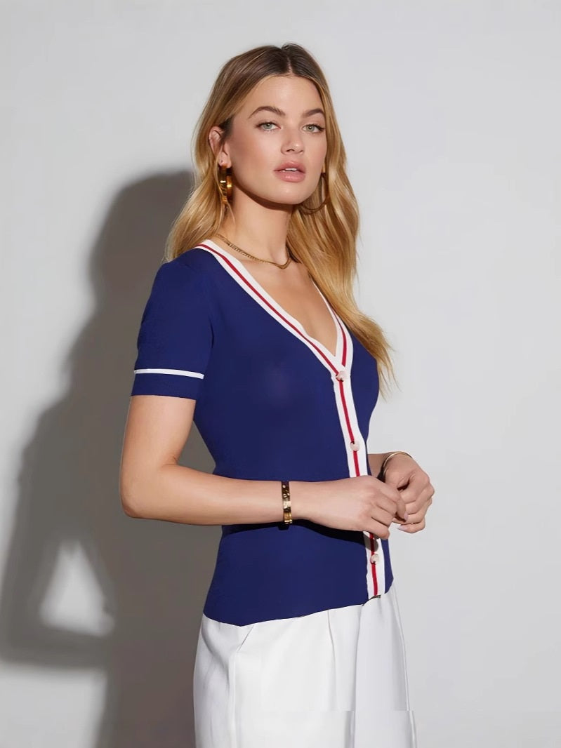 Europæisk og amerikansk dametøj Slim Fit All-match V-hals Kontrastfarvet Strikket Cardigan