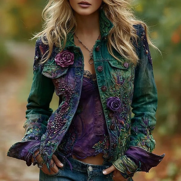 Women's Vintage Patchwork Print Turned Hem Denim Jacket