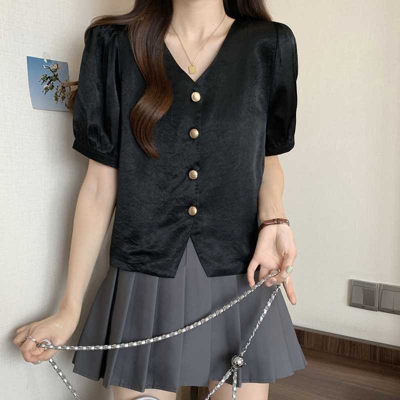 Women's Korean-style V-neck Solid Color Acetate Shirt With Short Sleeves
