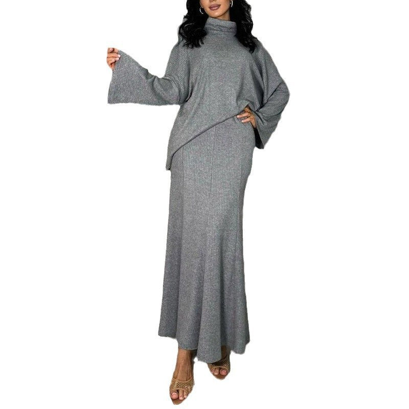 Turtleneck  Loose-Fit Knitted Skirt And Top Two-Piece Set For FallWinter