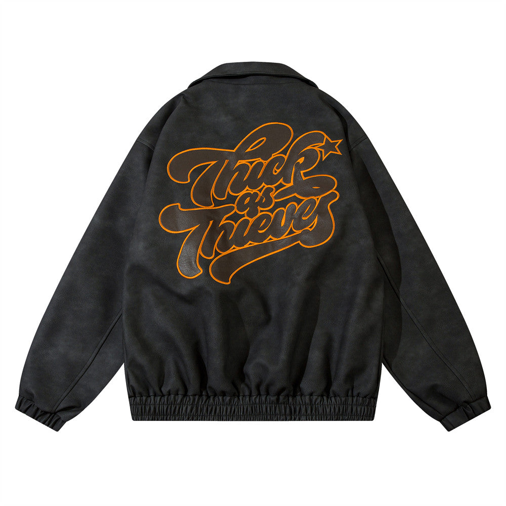 Embroidered Letters Pu Leather Coat Men
