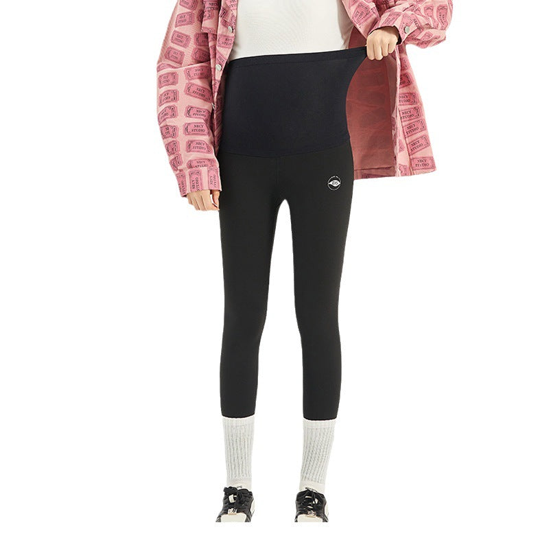 Gravide kvinders leggings, fleece, forår og efterår, sømløse, høj elastiske, maveunderstøttende, tynde yogabukser