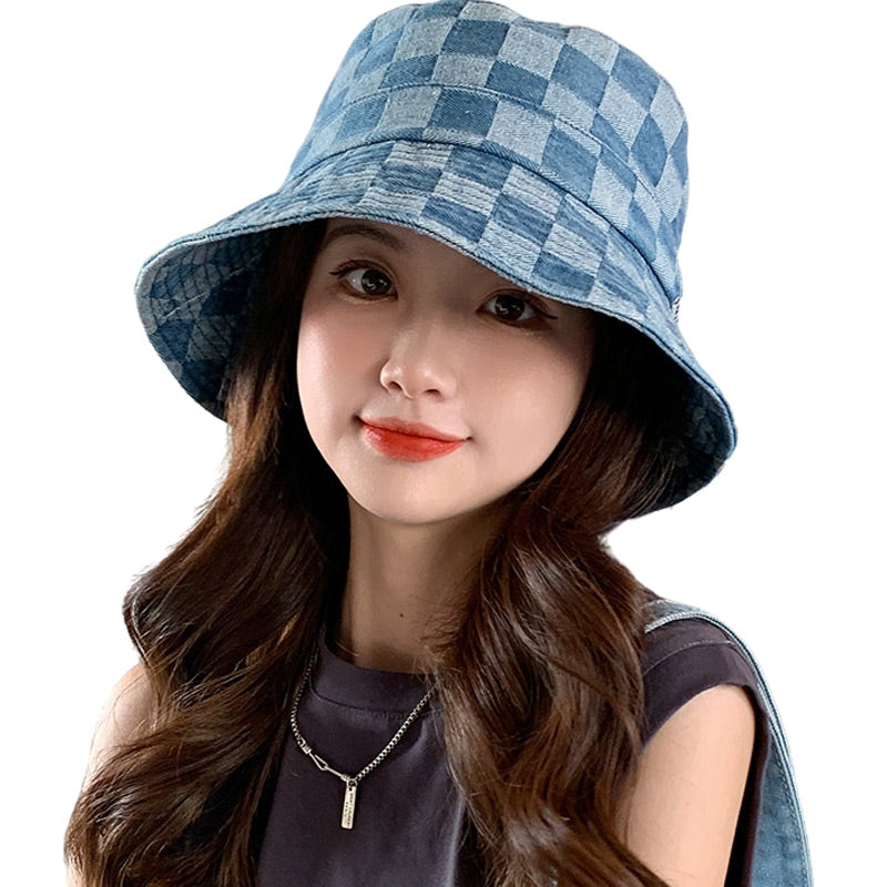 Dame plaid solskærm denim fiskerhat