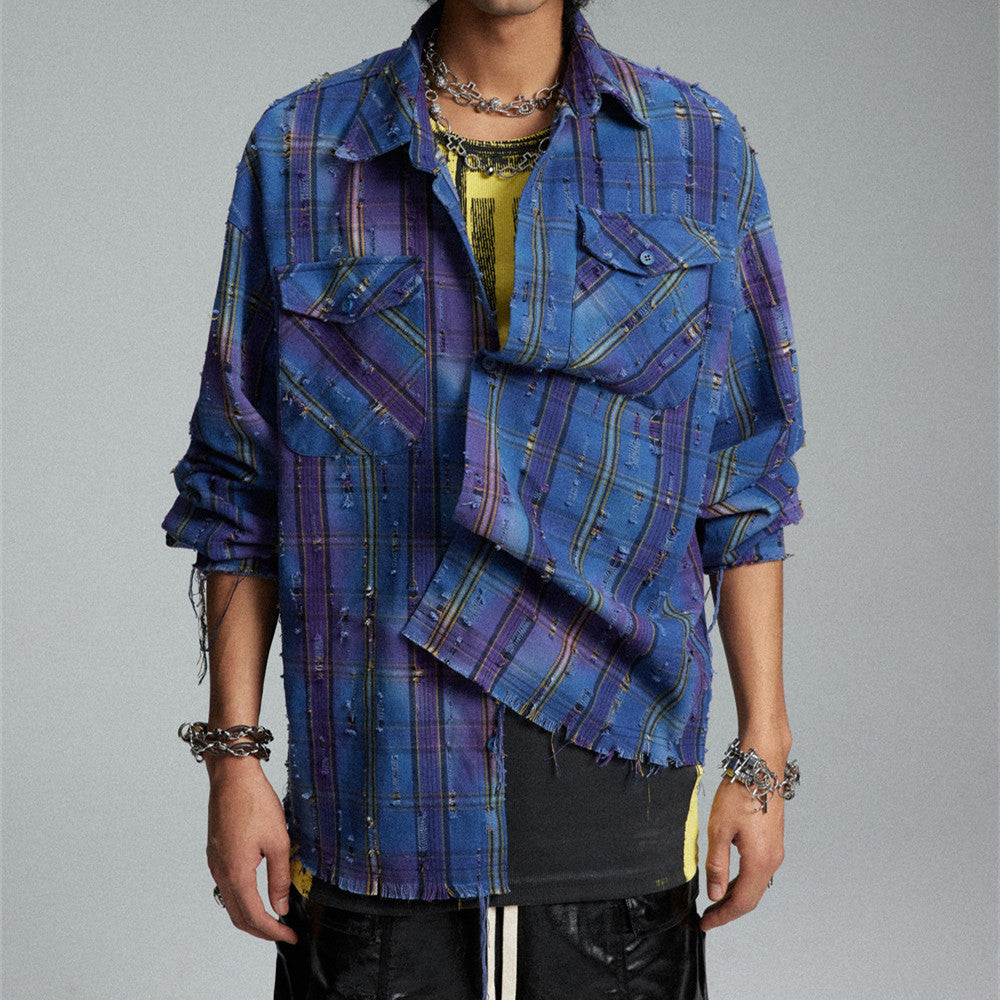Tie-dye Gradient Plaid Shirt Men's High Street Fashion Design Sense