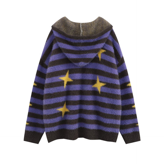 Idle Style Loose Red Striped Hooded Zip Cardigan Sweater Coat