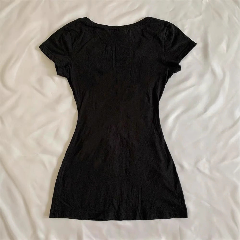 Retro Crew Neck Shoulder Slim-fit Slimming Short Sleeve