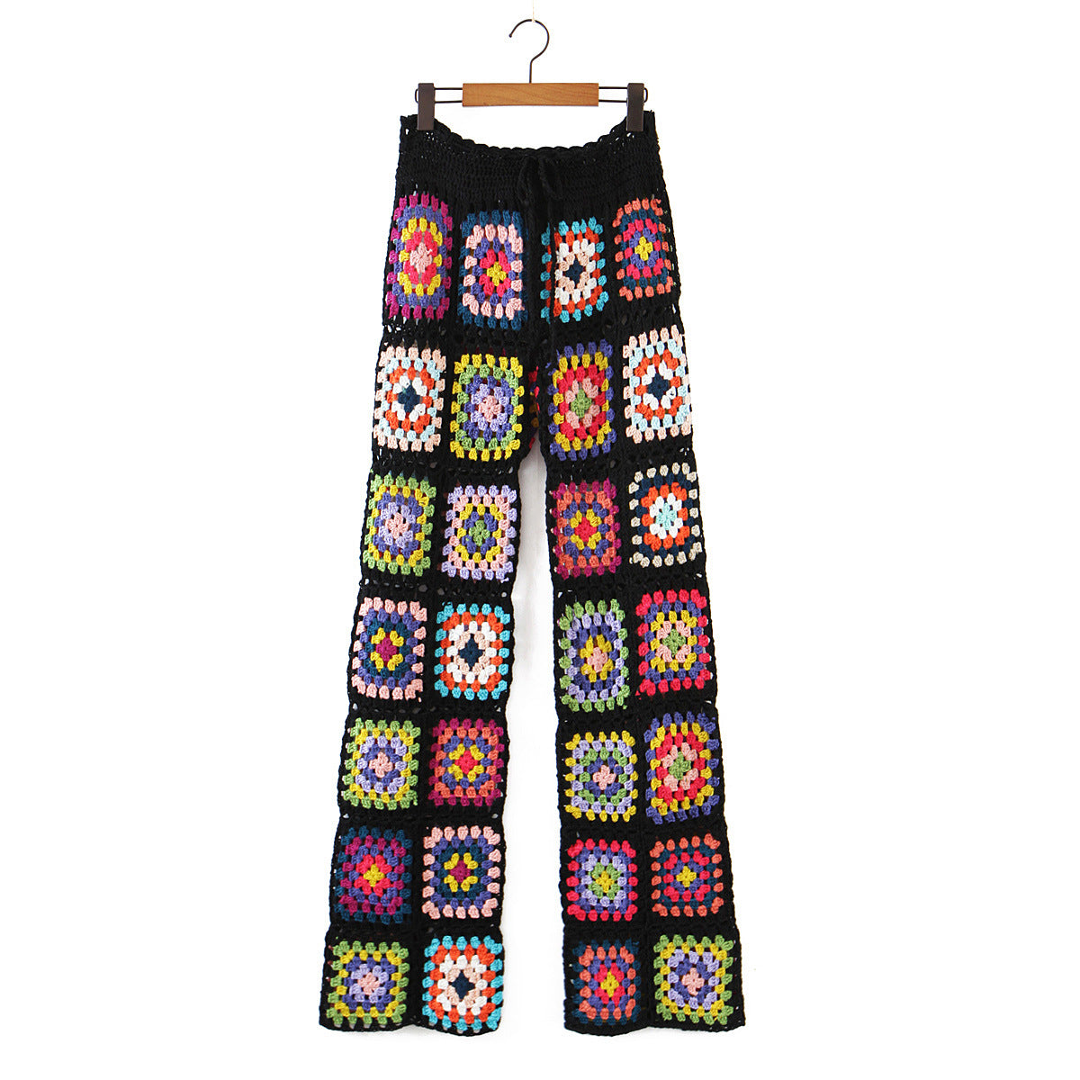 High Waist Colorful Flowers Pattern Handmade Crocheted Trousers