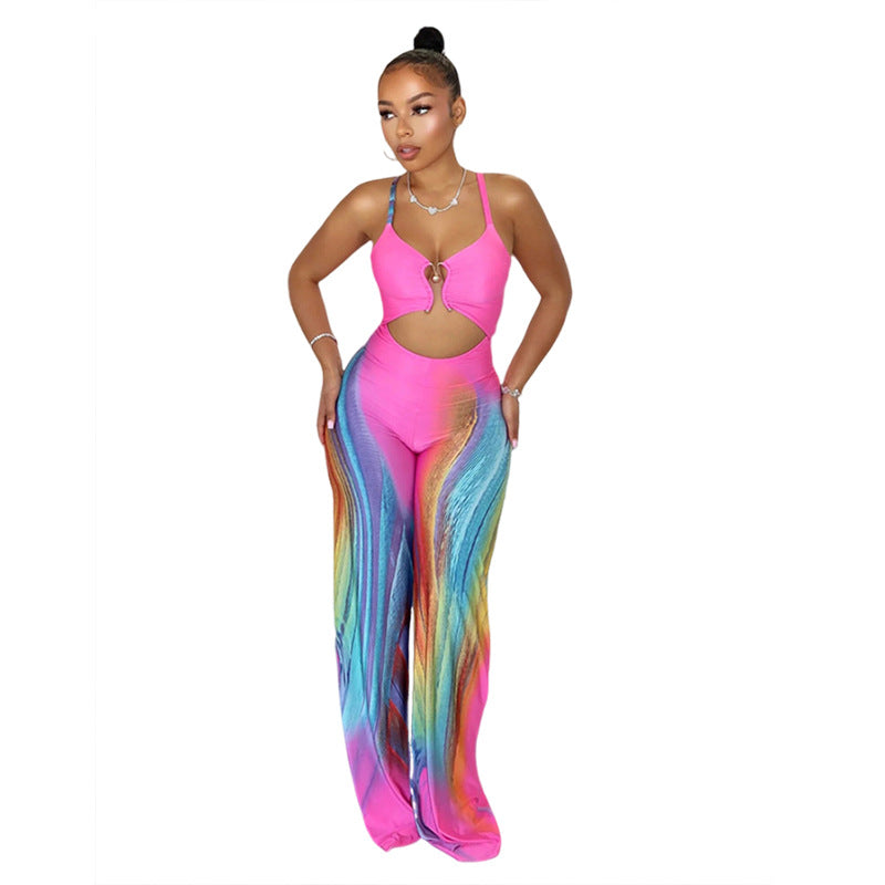 Sommer Ny Sexet Tætsiddende Rygløs Kontrastfarvet Lavtskåret Sling High Waist Jumpsuit