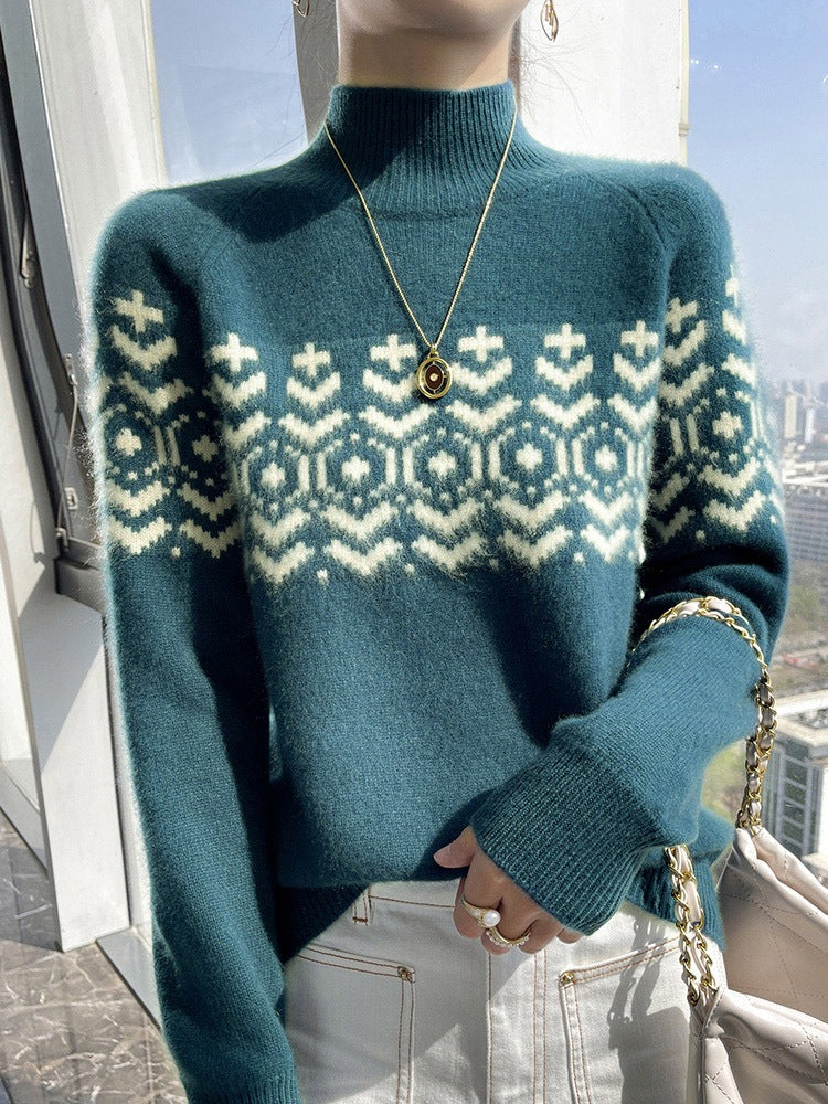 Autumn And Winter New Half Turtleneck Jacquard Thickened Knitting Loose Top