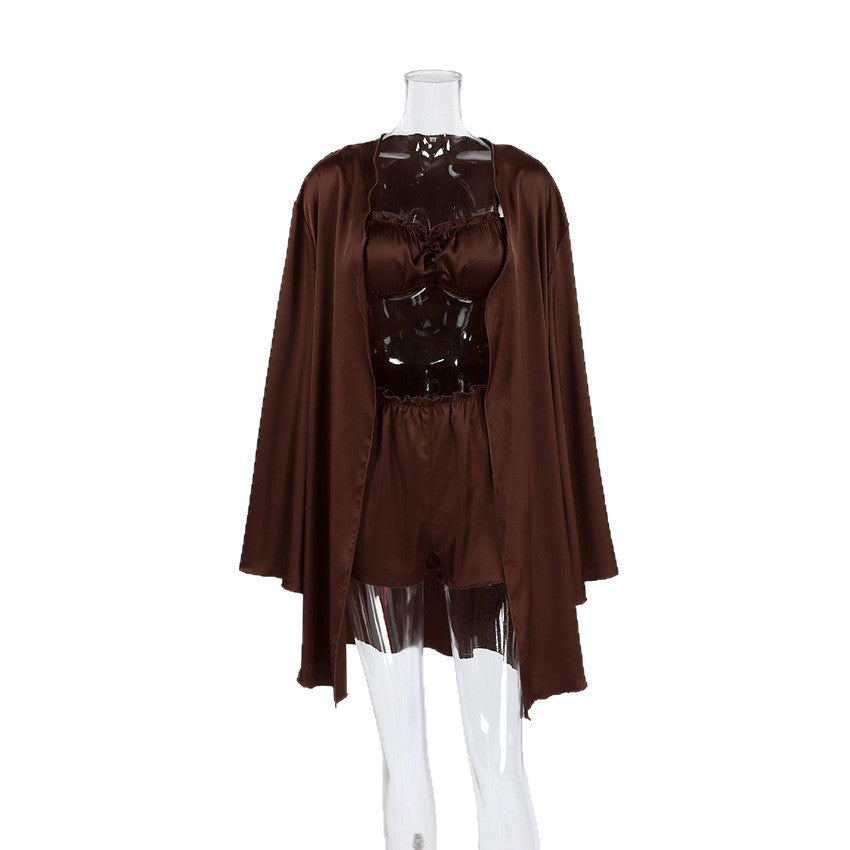 Brown Long-sleeve Underwear And Shorts Three-piece Pajama Set