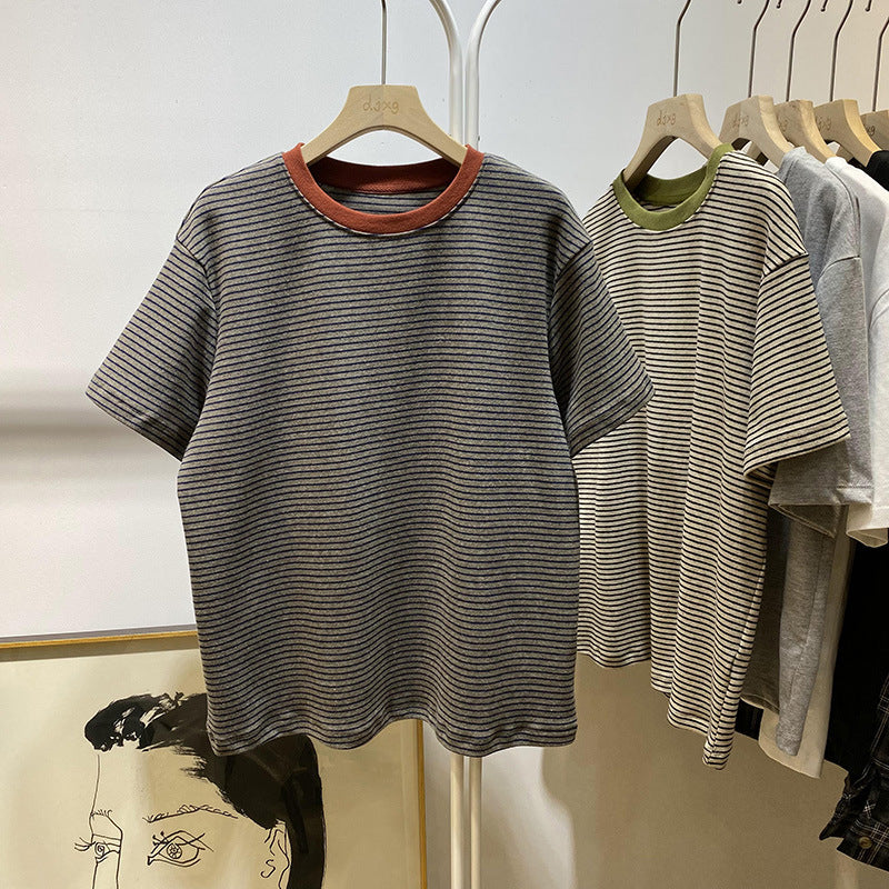 European And American Style Striped Short-sleeved T-shirt For Women