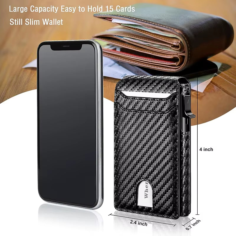 Minimalist Smart Wallet RFID Blocking Pop up Wallet Credit Card Holder Bifold Carbon Fiber Wallet