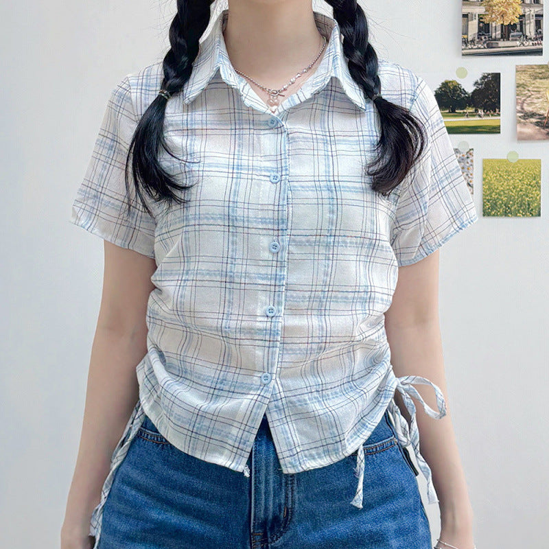 Retro Elegant Hem Pleating Short Sleeve Plaid Shirt
