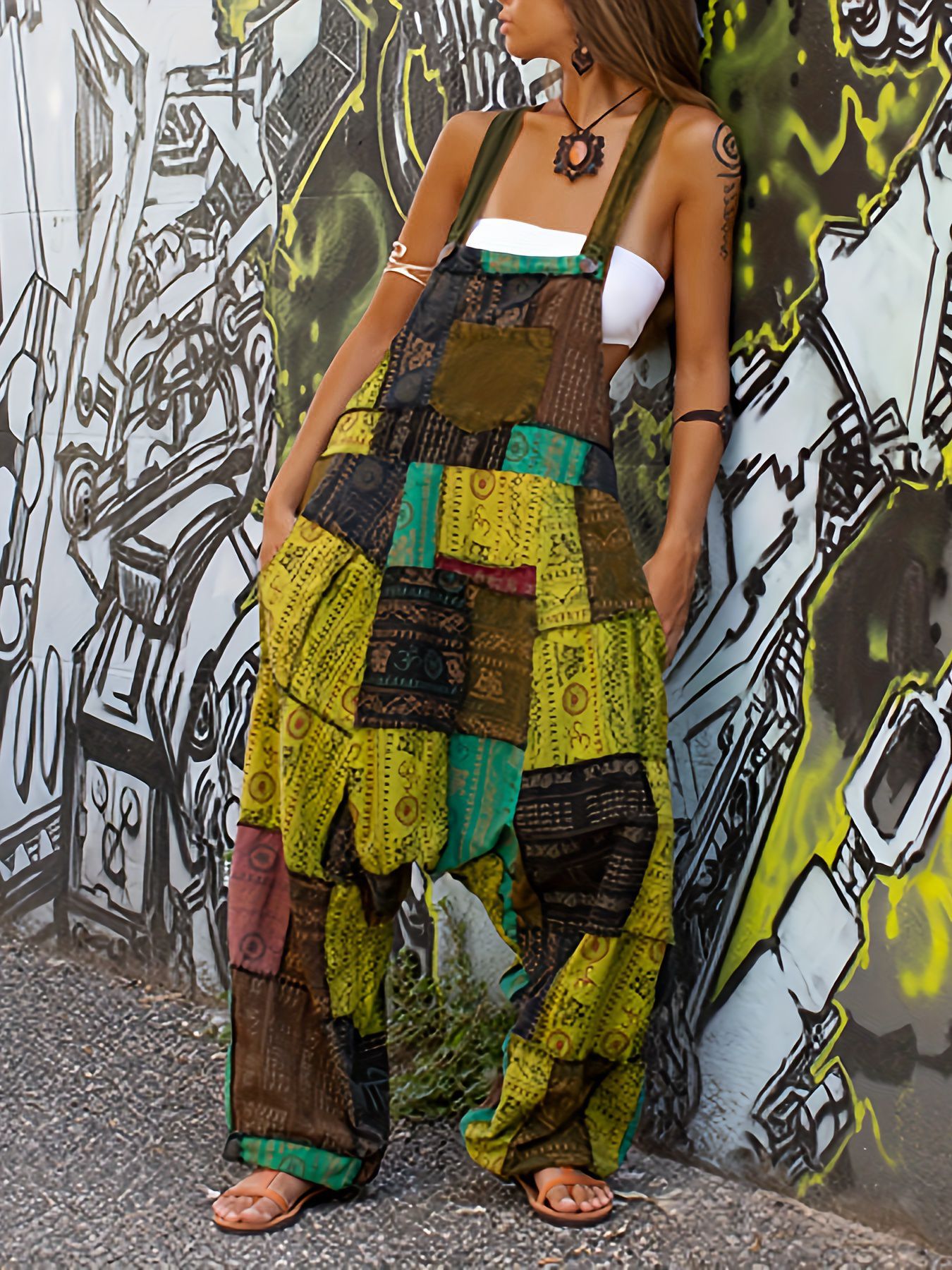 Hippie Stitching Printing Loose-fitting Overalls