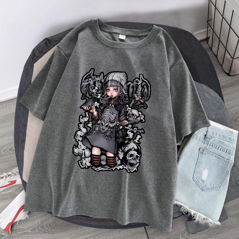 Vintage Gothic Girly Print Loose Cropped T-Shirt