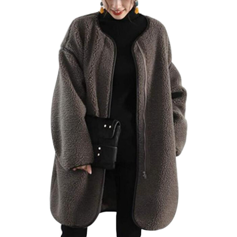 Pure Color Stitching Long-sleeved Round Neck Zipper Plush Jacket