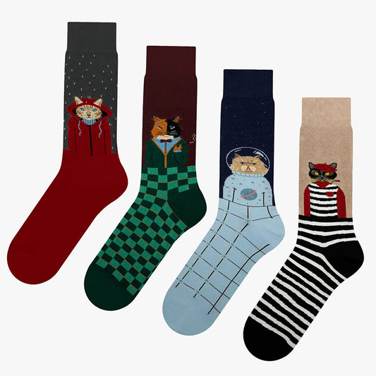 Cartoon Animal Cat Jacquard Trendy Socks Unisex Couple Cotton Mid-Calf Socks