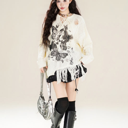 Retro Hot Girl Ripped Design Knitted Pullover Sweater