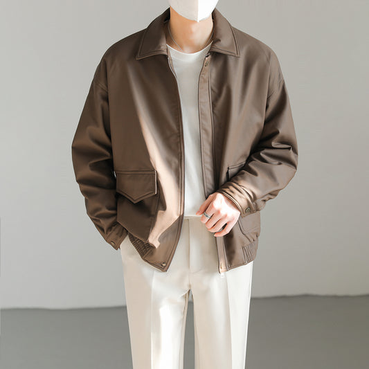 Korean Version Loose Lapel PU Leather Coat