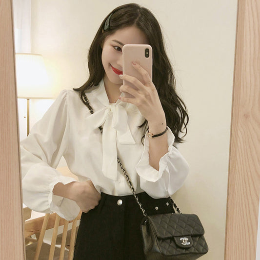 New Hong Kong Style Retro Bow-neck Loose-fit Chiffon Long-sleeve Top