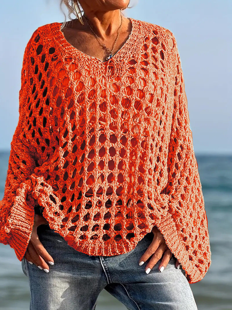 Loose Leisure All-matching Hollow Long Sleeve Plus Size Women's Knitted Sweater