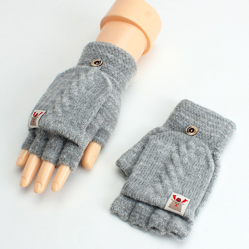 Thin Woolen Knitted Solid Color Clamshell Half-Finger Gloves